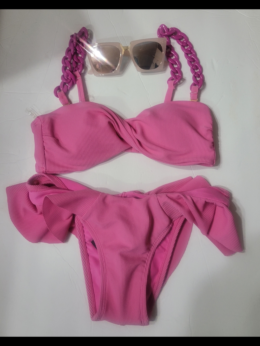 Gianni Bini Pink Ribbed Chain-Strap Bikini..xs Top,sm Bottoms